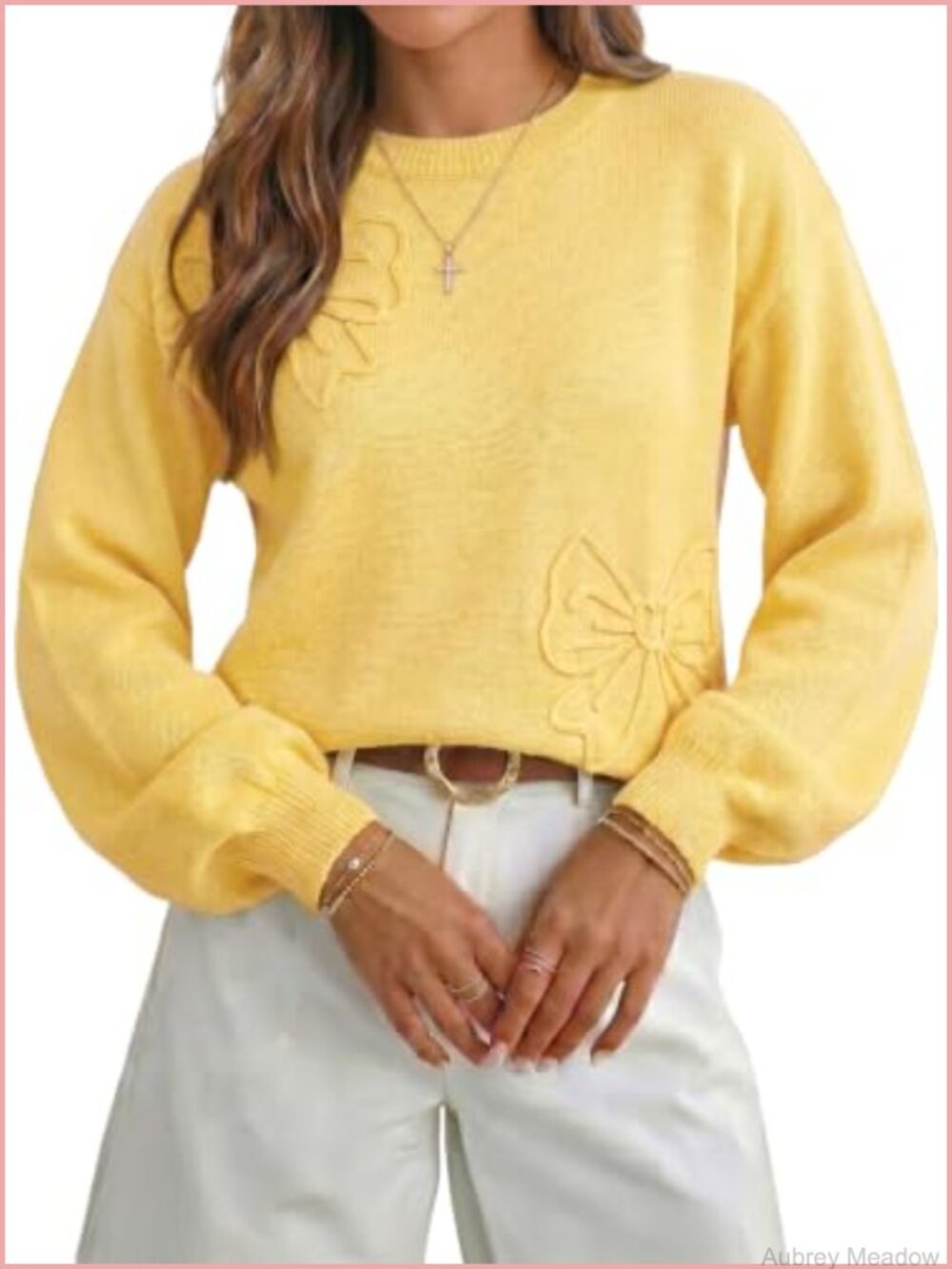 Women's Floral Lantern Sleeve Pullover Sweater Crew Neck Knit Top